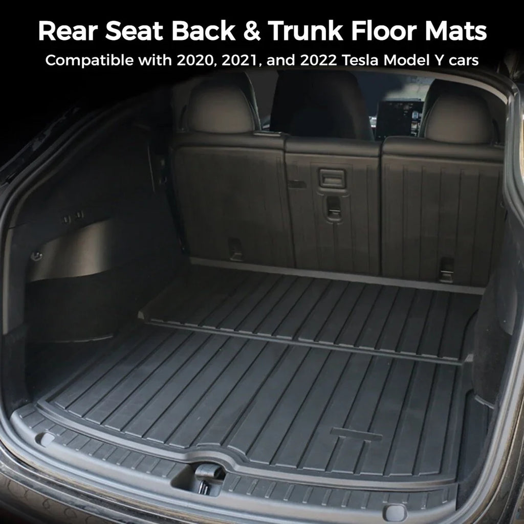 All Weather Car Trunk Mats, 3 Rear Seat Back Mats and Trunk Floor Mat, Compatible with 2020 2021 2022 Tesla Model Y, Waterproof Non-slip Car Trunk Floor Liner