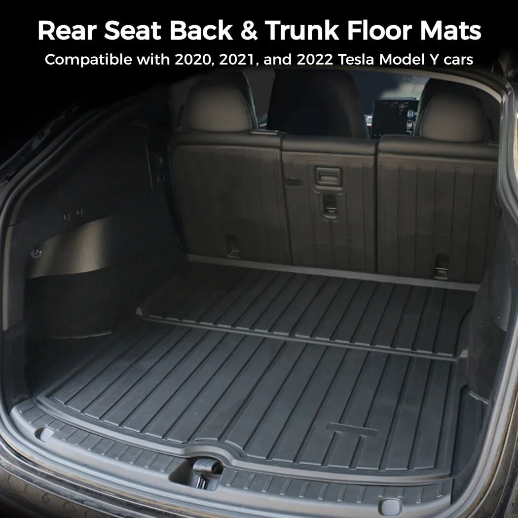 All Weather Car Trunk Mats, 3 Rear Seat Back Mats and Trunk Floor Mat, Compatible with 2020 2021 2022 Tesla Model Y, Waterproof Non-slip Car Trunk Floor Liner
