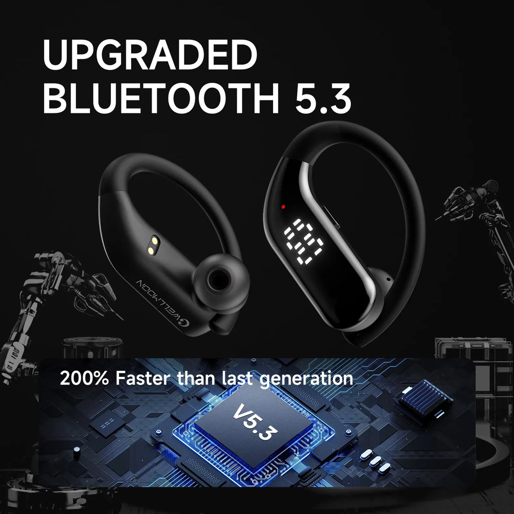 Bluetooth 5.3 Headphones Wireless Earbuds 100hrs Playtime Wireless Charging Case Digital Display Sports Ear buds with Earhook Premium Deep Bass Waterproof Over-Ear Earphones for  Phone Laptop Black