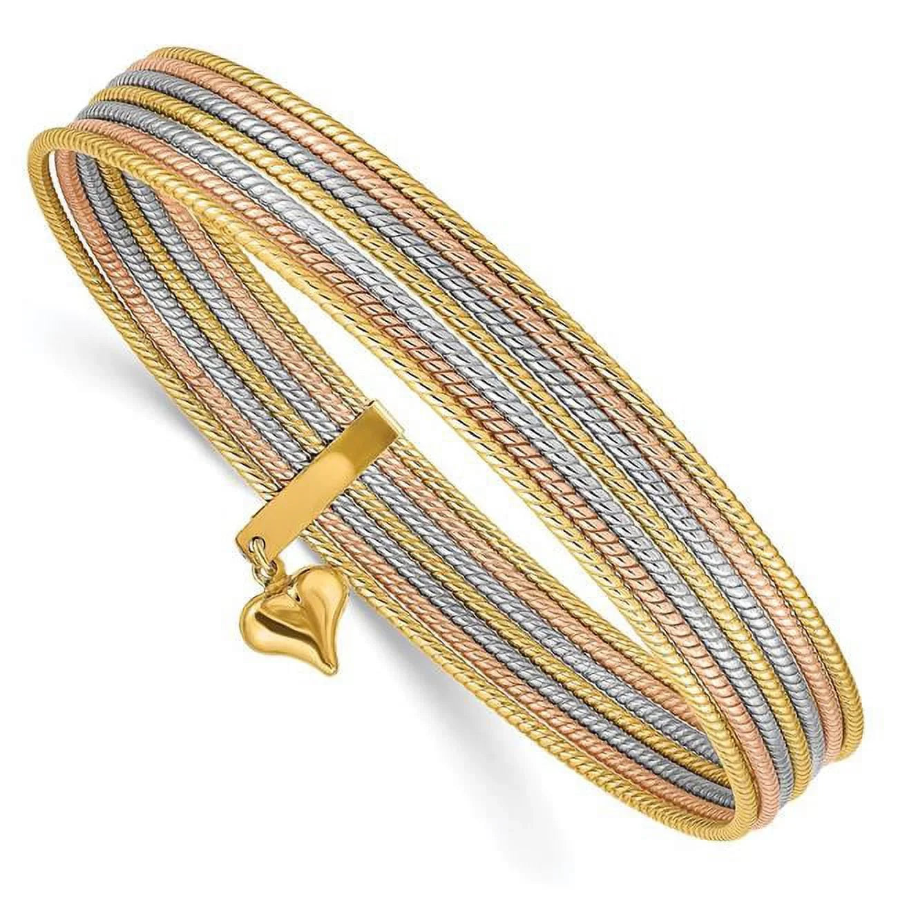 14K Tri-Color with Dangle Heart Oversized Textured Slip-On Bangle Bracelet - Set of 7