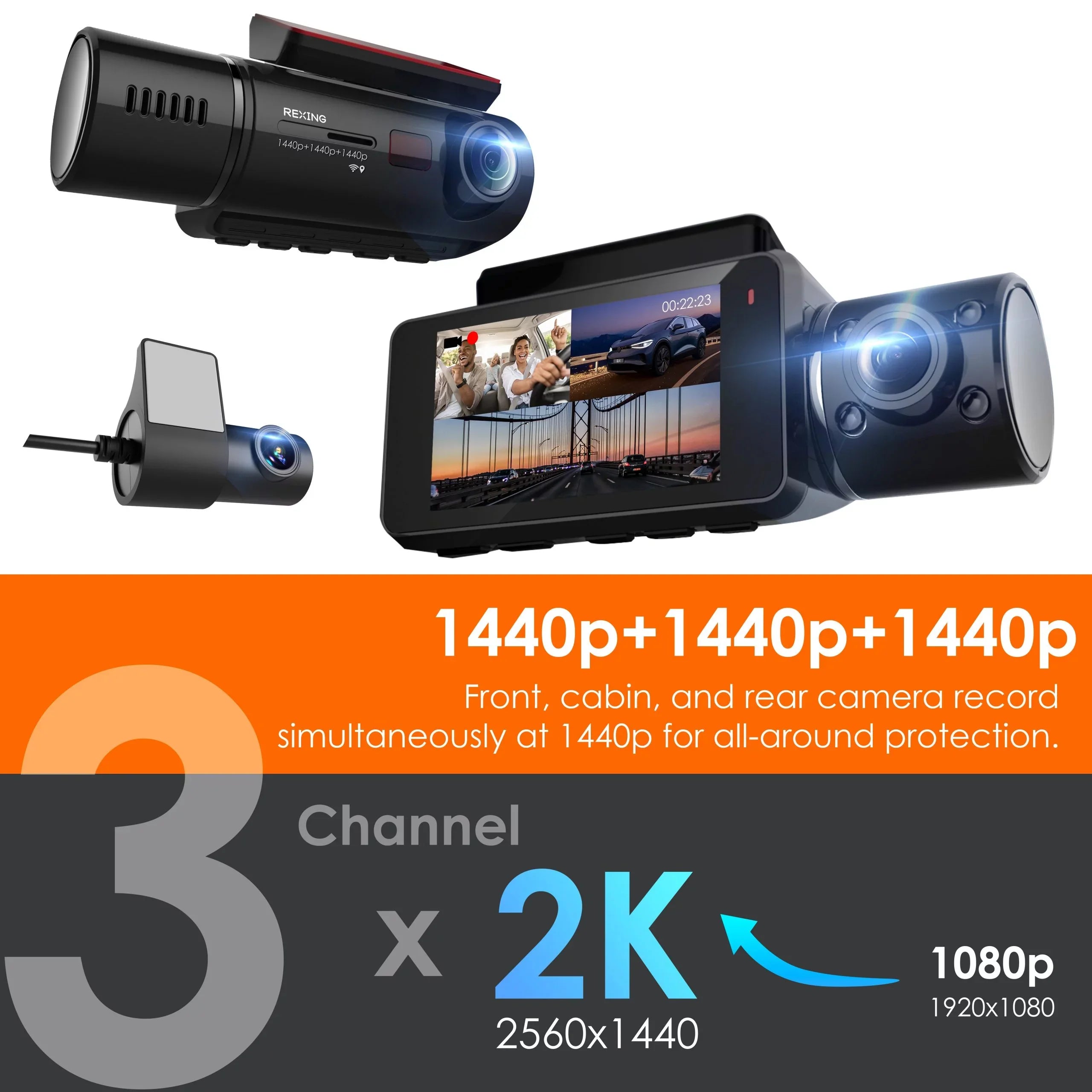 Rexing V33 3 Channel 1440p+1440p+1440p Front, Cabin and Rear Camera Dashcam with Built-in Wi-Fi &