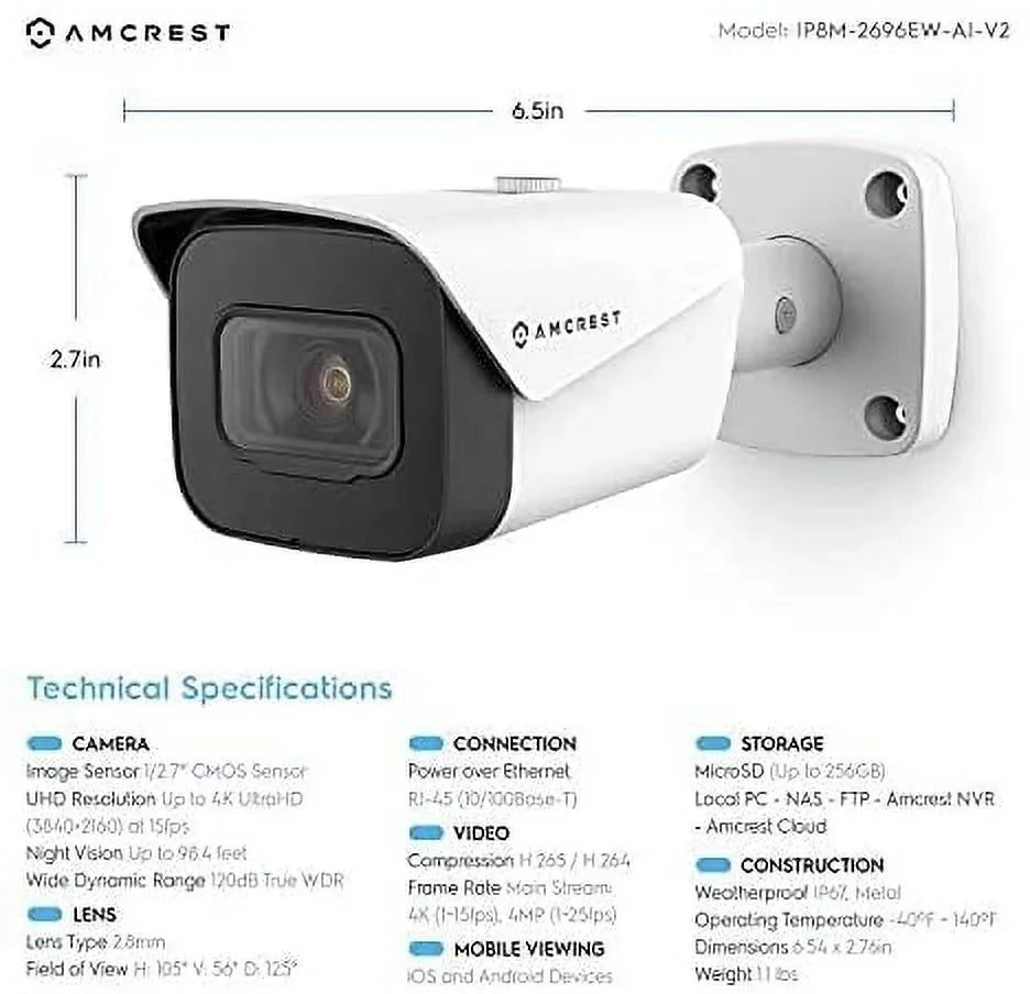 2-Pack Amcrest UltraHD 4K (8MP) Bullet   Camera, 3840x2160, 131ft NightVision, 2.8mm Lens, IP67 Weatherproof, MicroSD Recording, White (2PACK-IP8M-2496EW)