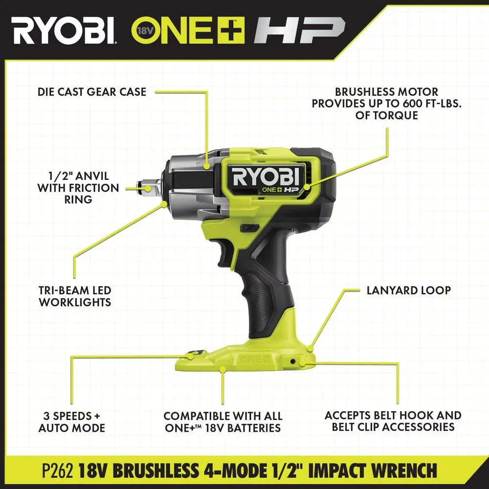 '+  18V Brushless Cordless 4-Mode 1/2 in. Impact Wrench (Tool Only) (P262)