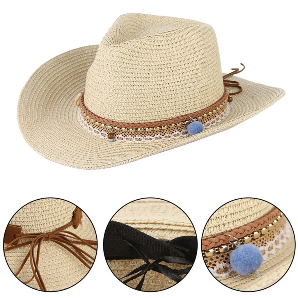 Women Straw Sun Hat Cowboy Western Style Big Brim Floppy Packable Trilby Beige