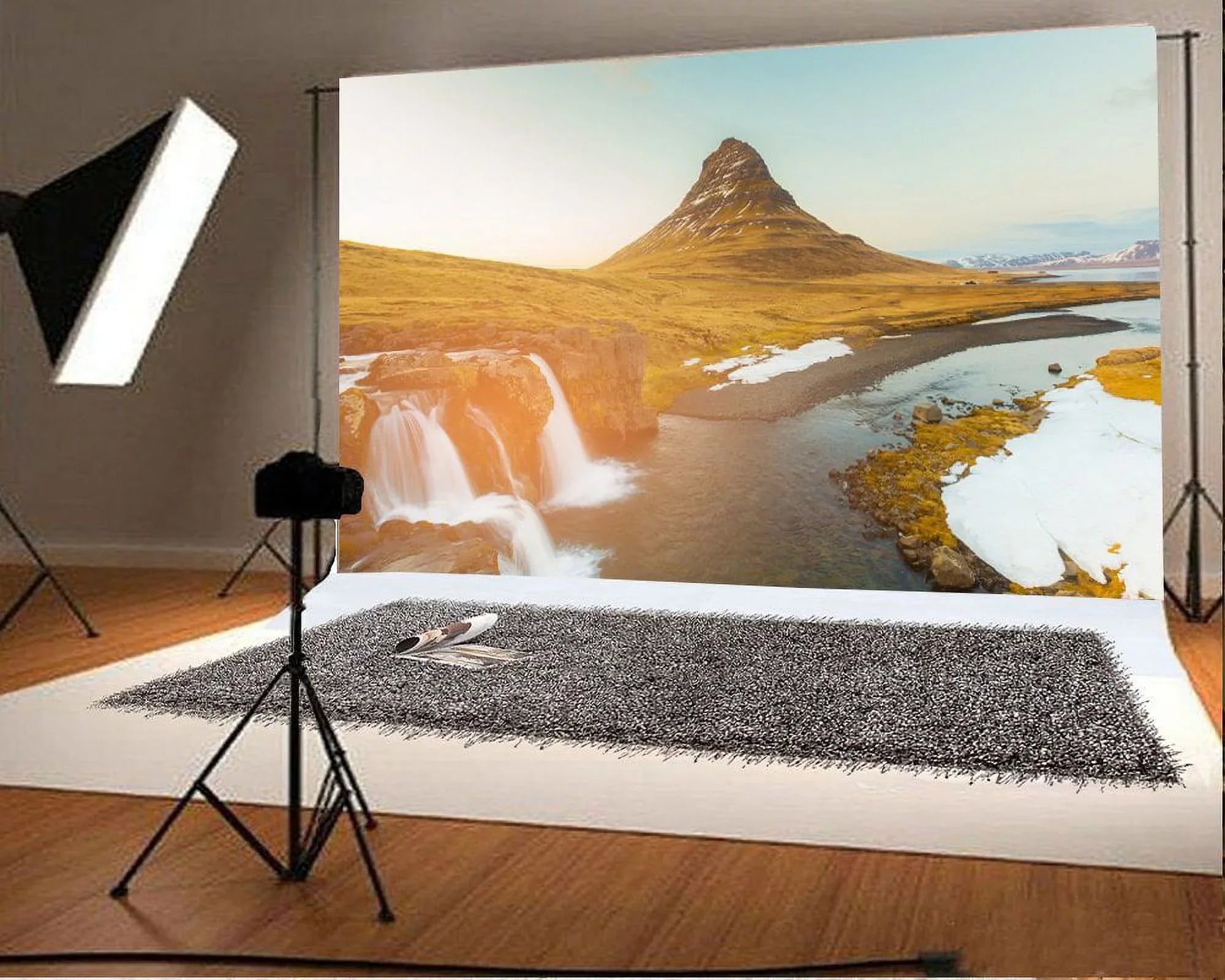 HelloDecor 7x5ft Iceland Mountain Kirkjufellsfoss Backdrop Nature Landscape Cascade Grass Lawn Blue Sky Outdoor Travel Photography Background Kids Adults Photo Studio Props