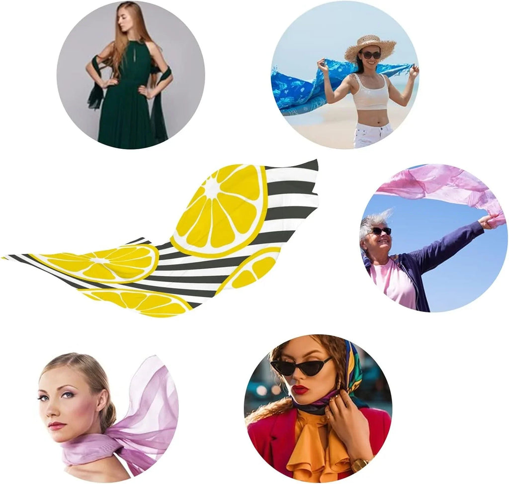 Hyjoy Fresh Lemons On Stripes Long Silk Neck Scarf Lightweight Shawl Wrap Scarves for Women Girls