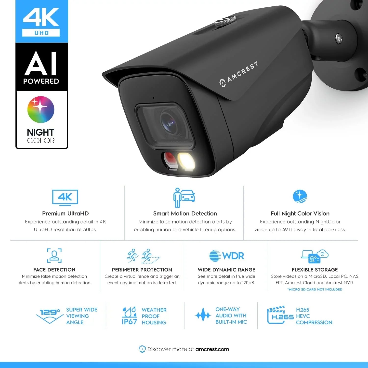 Amcrest 4K  PoE  Camera UltraHD 8MP Security Outdoor Camera,  129°, 49ft Color Nightvision, Human & Vehicle Detection, IP67 Weatherproof, 4K (3840x2160) @15fps, Black, IP8M-2796EB-