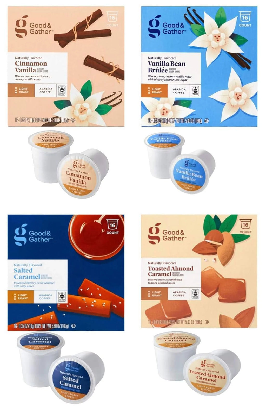 Good and Gather Naturally Flavored Single Serve Coffee Pods Bundle of 4 Flavors Cinnamon Vanilla, Toasted Almond Caramel, Salted Carmel and Vanilla Bean Brulee Fair Trade Certified,16 Count(Pack of 4)