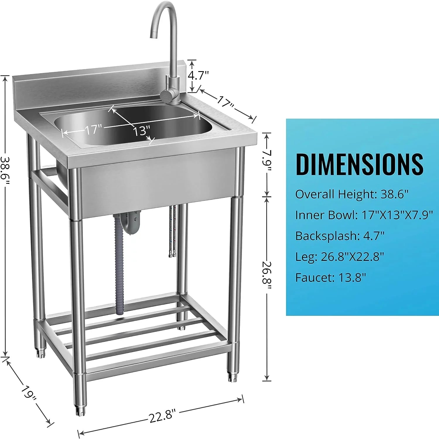 Utility Sink Stainless Steel Free Standing Single Bowl with Cold and Hot Water Pipe - Ideal for Laundry Room, Bathroom, and Farmhouse