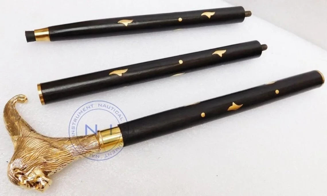 Victorian Premium Walking Cane Beautiful Plated Solid Brass Handle Walking Stick With Inlayed & Crutches Buffed Polished Canes for Men and Women (Lion)