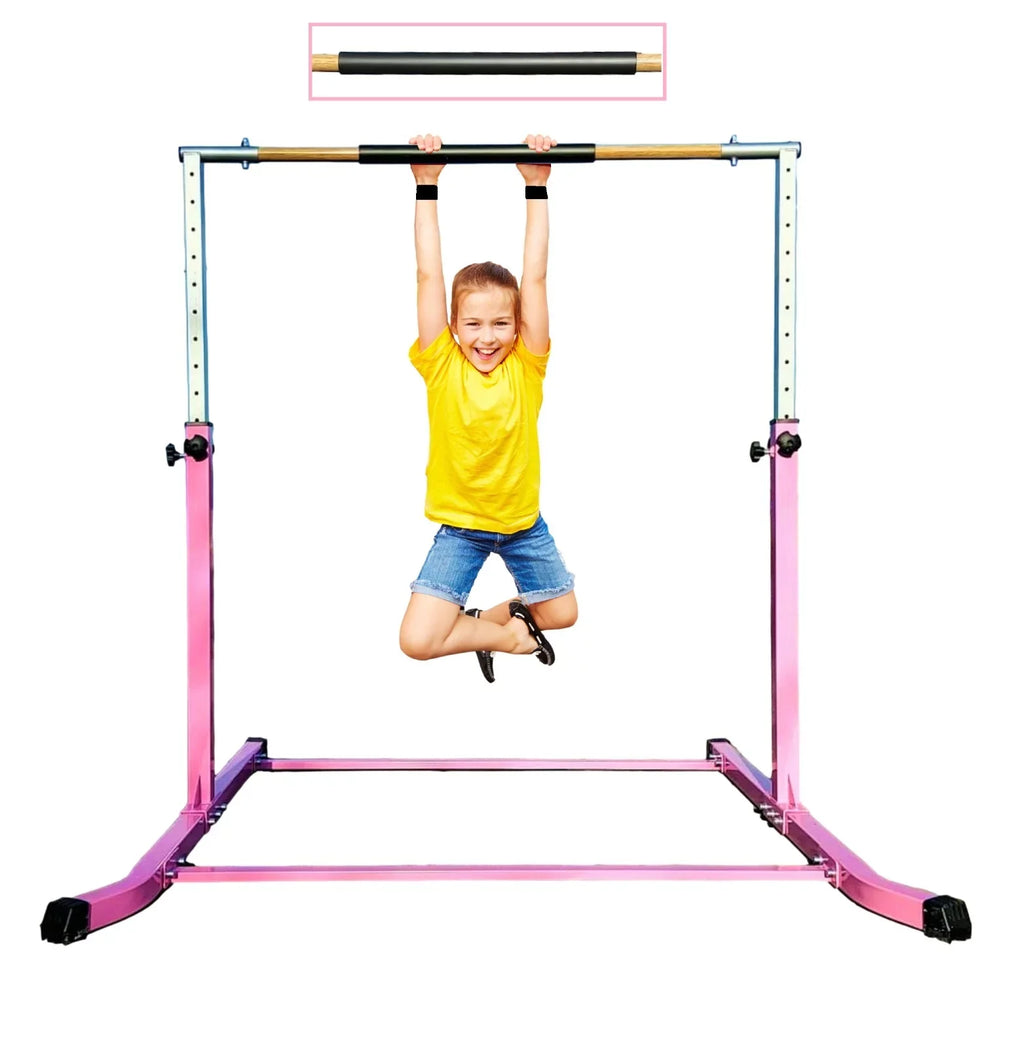 Pro-Gymnastics Expandable Gymnastics Kip Bar Horizontal Bar Junior Gymnastic Training High Bar Asymmetric Bar 13 Level Height Adjustable 3 to 5  Cushioned Bar & Curved Legs (Pink)