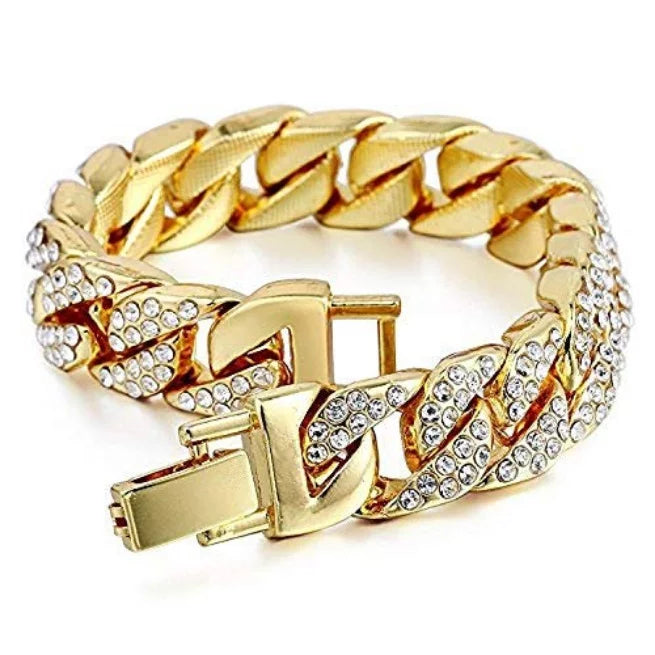 Bling-ed Out Round Luxury Mens Watch w/Bling-ed Out Cuban Bracelet and Iced King Ring Set - L0504  3pc Set(11,Gold #Blue)
