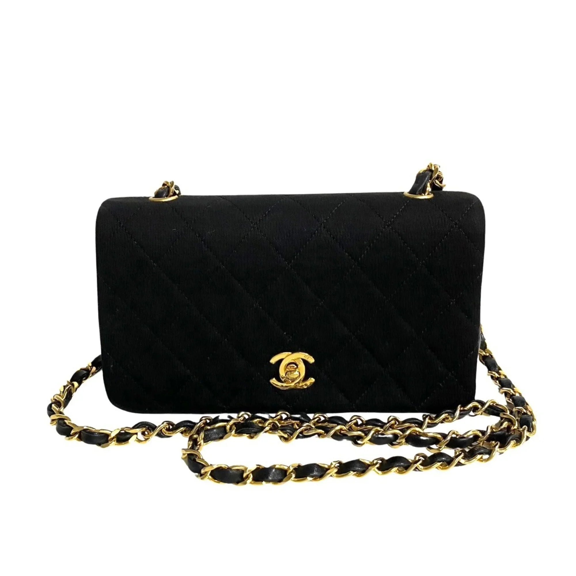 Pre-Owned  Matelasse Cotton Lambskin Turnlock Full Flap Chain Shoulder Bag Black 73960 (Good)