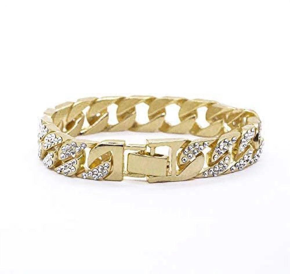 Bling-ed Out Round Luxury Mens Watch w/Bling-ed Out Cuban Bracelet and Iced King Ring Set - L0504  3pc Set(11,Gold #Blue)