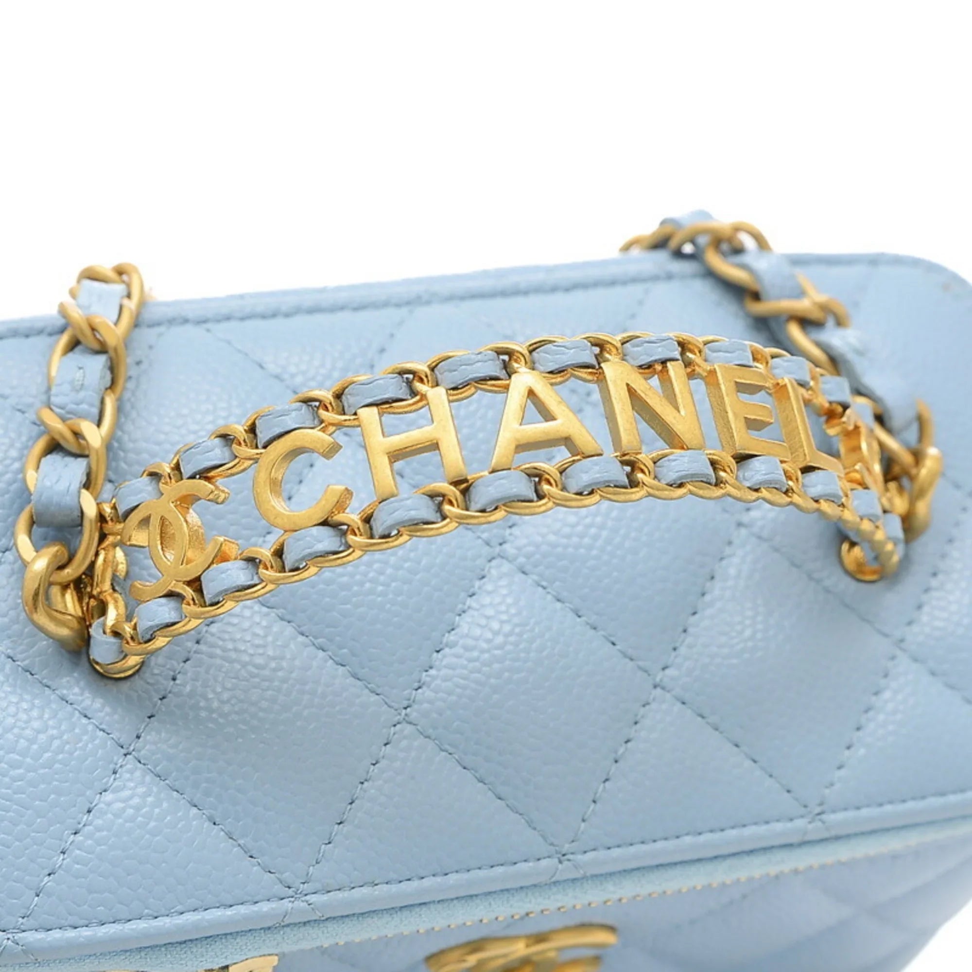 Pre-Owned Chanel Logo Handle Vanity Shoulder Bag Caviar Skin Blue Gold Hardware AP2805 (Good)