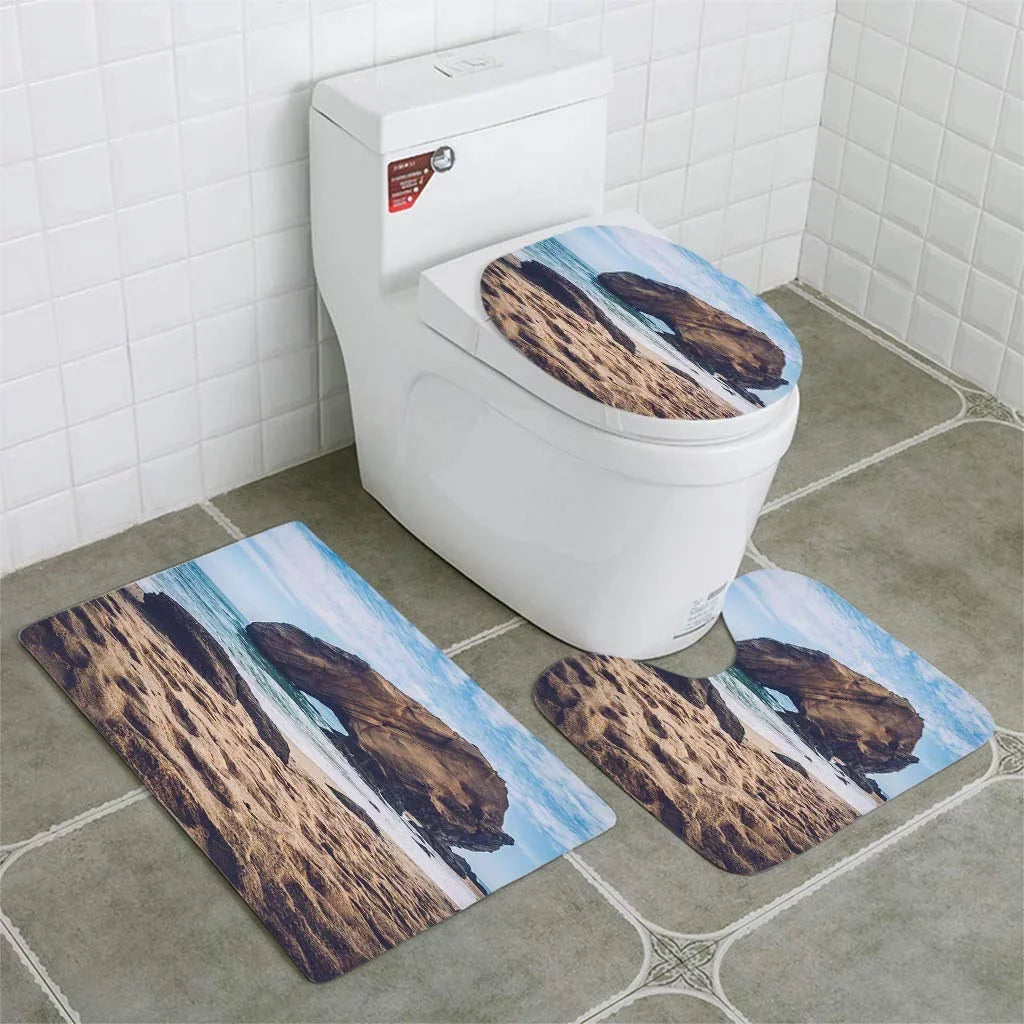 Penedo do Guincho Santa Cruz Beach Rock 3 Piece Bathroom Rugs Set Bath Rug Contour Mat and Toilet Lid Cover