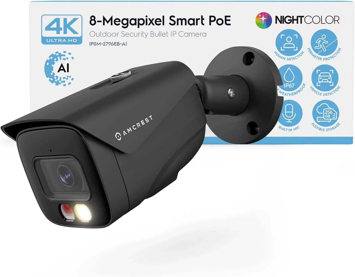 Amcrest 4K  PoE  Camera UltraHD 8MP Security Outdoor Camera,  129°, 49ft Color Nightvision, Human & Vehicle Detection, IP67 Weatherproof, 4K (3840x2160) @15fps, Black, IP8M-2796EB-