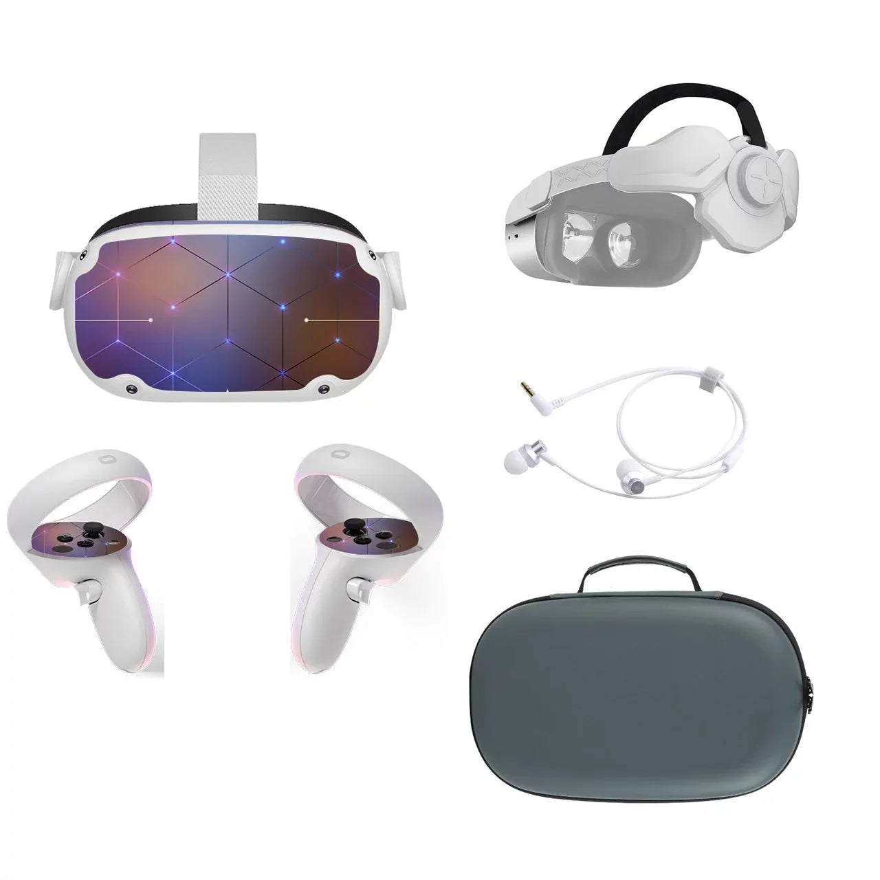 Meta Oculus Quest 2 All-In-One  Headset, Touch Controllers, 256GB , 1832x1920 up to 90 Hz Refresh Rate , 3D Audio, Mytrix Head Strap, Carrying Case, Earphone, Futuristic Space Purple Stickers