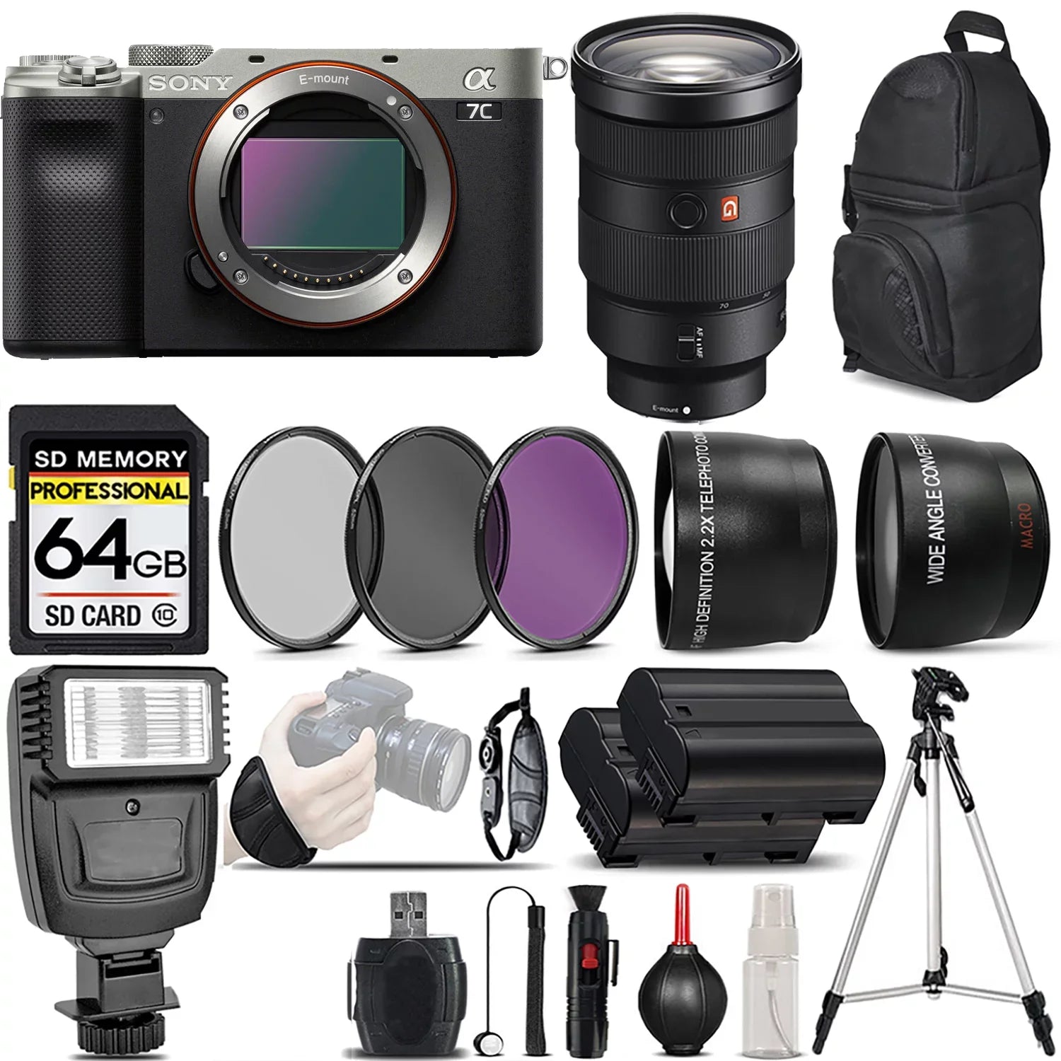 Sony a7C Camera (Silver) with 24-70mm f/2.8  Lens + 0.43X Wide Angle Lens + 2.2x Telephoto Lens + Flash + 64GB Memory Card + -- Filters + Wrist Grip - International Version