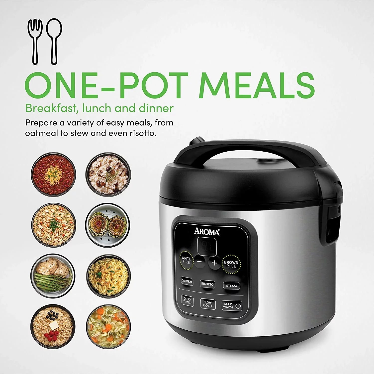 Aroma Housewares -994SB 2O2O model Rice & Grain Cooker Slow Cook, Steam, Oatmeal, Risotto, 8-cup cooked/4-cup uncooked/2Qt, Stainless Steel
