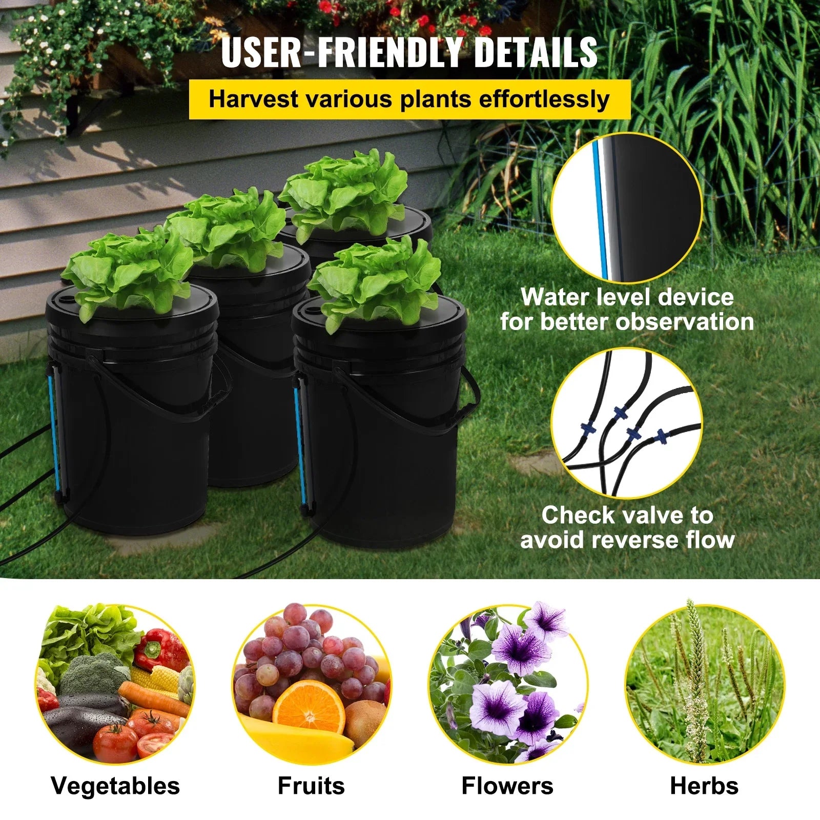 5 Gallon 4 Buckets  Hydroponic System Deep Water Culture Growing Bucket, Hydroponics Grow Kit with Pump