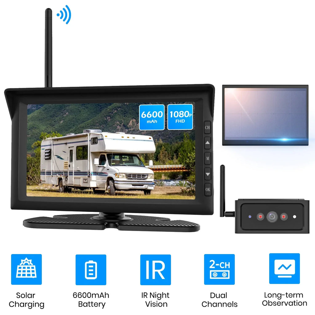 Auto-Vox Wireless Solar Backup Camera 7"  Monitor Kit Support 2 Cameras  Night Vision Reverse Camera for Truck  Trailer Van Solar4