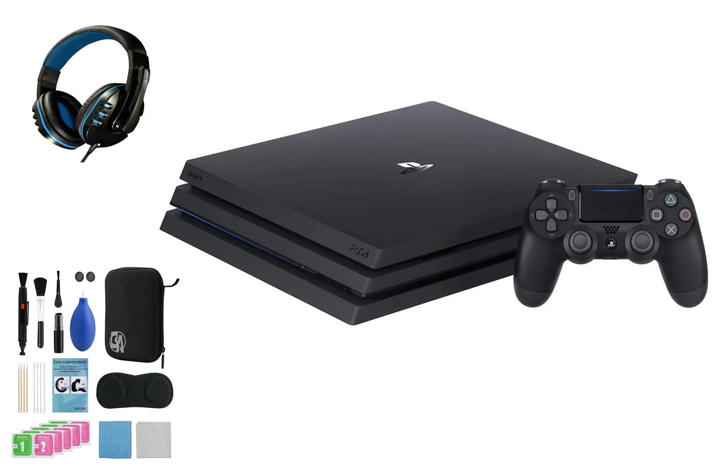 Sony PlayStation 4 Pro 1TB Gaming Console Black Headset With   Cleaning Kit Bundle Like New