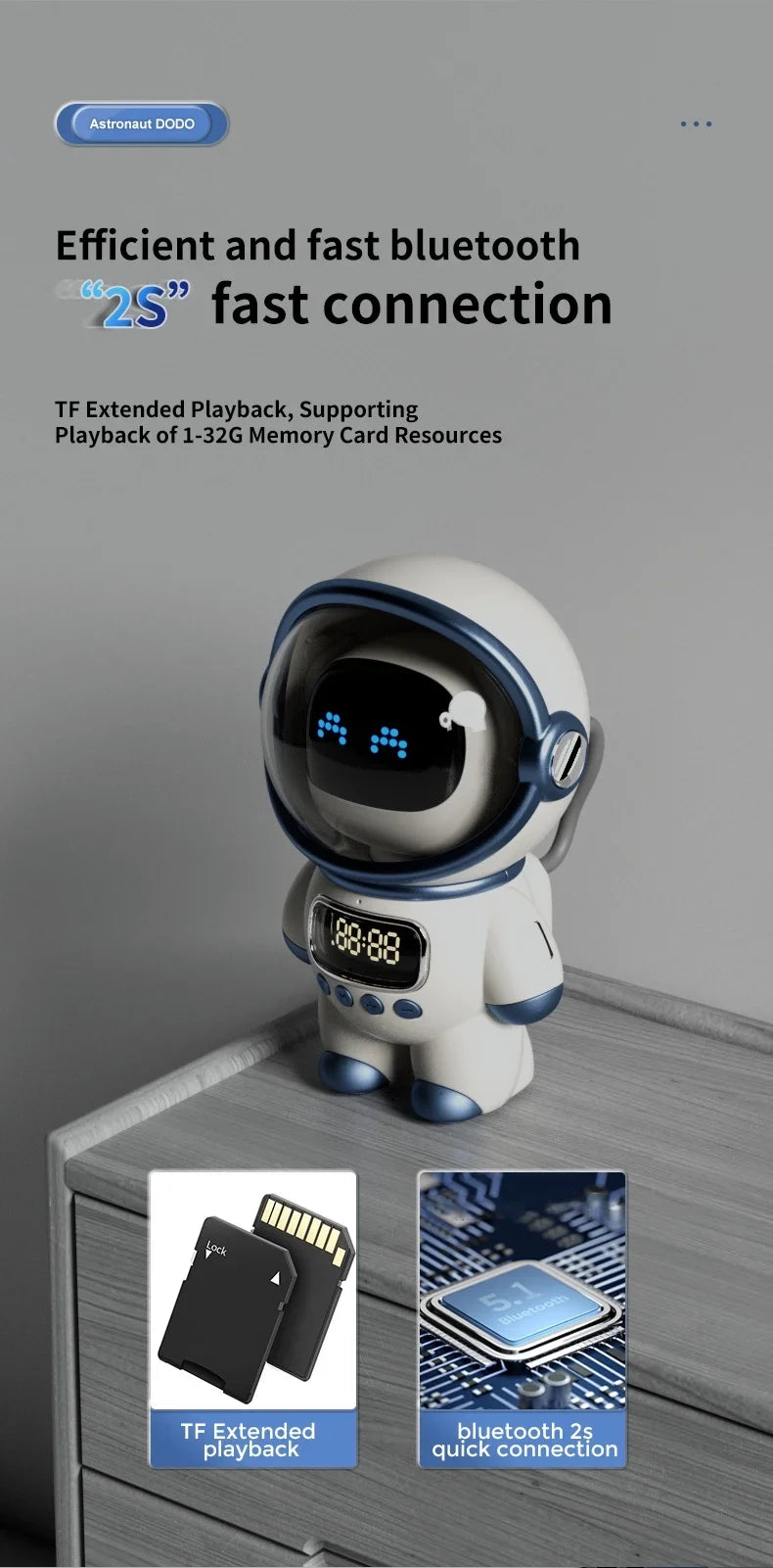 Astronaut-Shaped Smart Bluetooth Speaker with Clock, Alarm,  Radio, Sleep Night Light and  Card Support