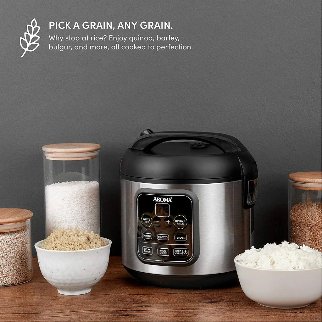 Aroma Housewares -994SB 2O2O model Rice & Grain Cooker Slow Cook, Steam, Oatmeal, Risotto, 8-cup cooked/4-cup uncooked/2Qt, Stainless Steel
