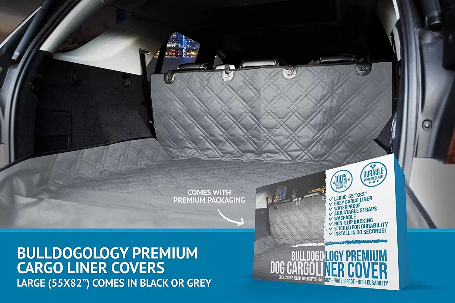 Bulldogology  Cargo Liner for Dogs - Heavy Duty Pet Trunk Cargo Cover - Dog Car Seat Cover Waterproof Nonslip - Dog Hair, Muddy Paws, Scratches Cover Protector for Cars Vans SUVs (X-Large, Grey)