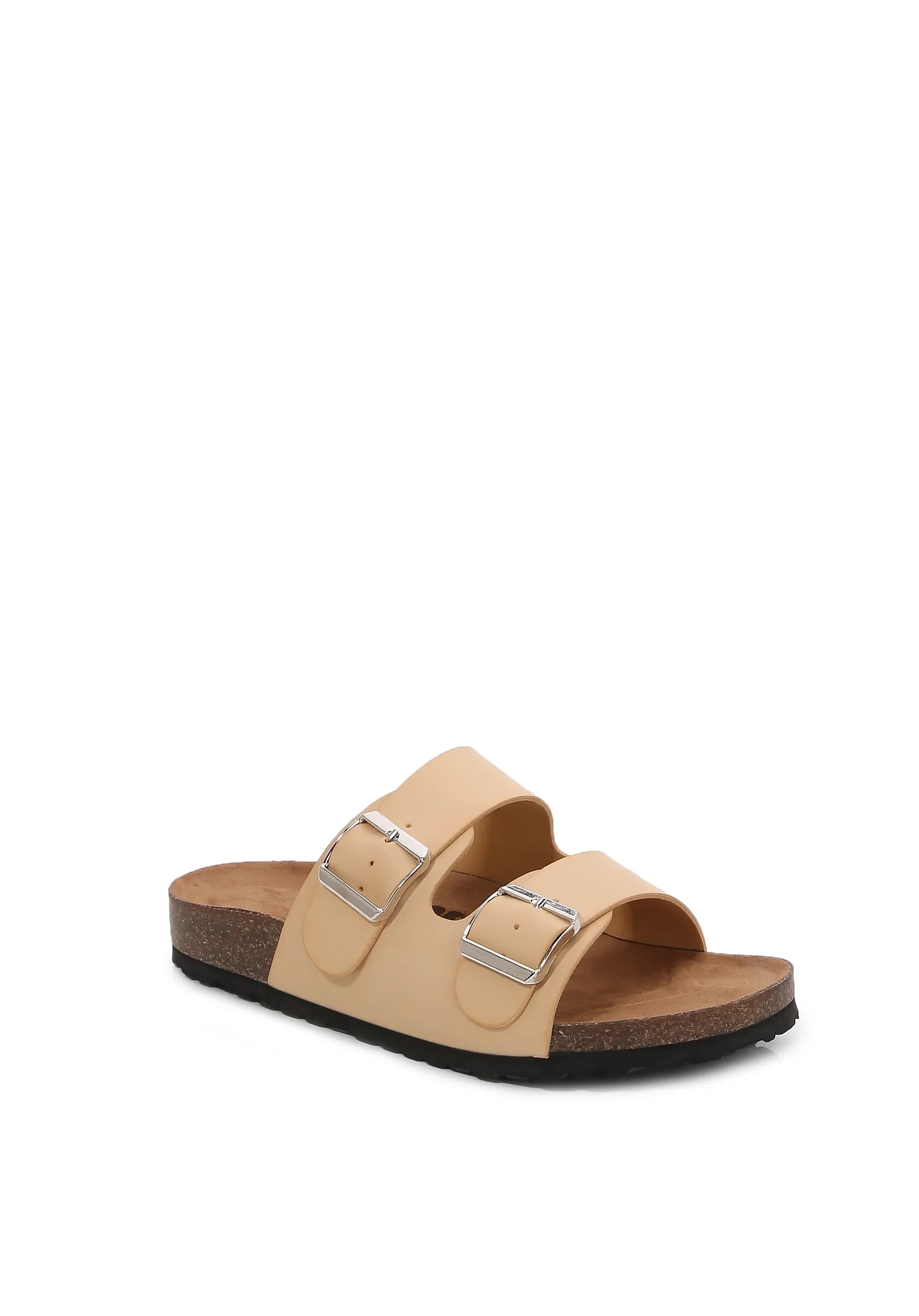Women Soft Cork Cushioned Footbed  Leather Double Strap Slider Sandal ( Apricot/ 6)
