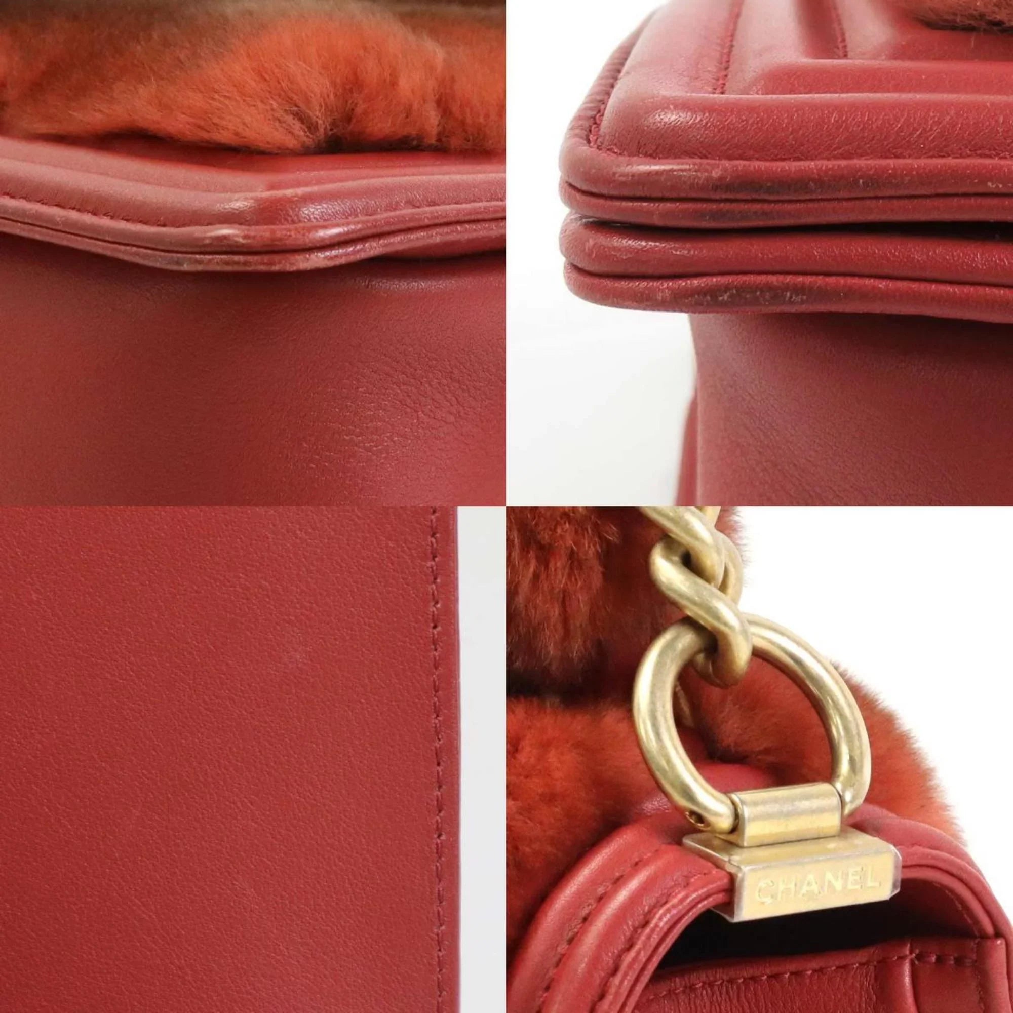 Pre-Owned Chanel  handbag diagonal shoulder bag boy fur/leather brown red gold ladies e55871a (Good)