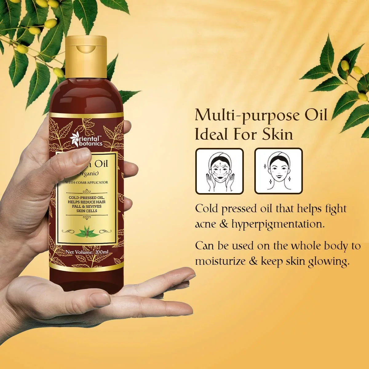 Oriental Botanics Organic Neem Oil 200ml for Hair and Skin Care - With Comb Applicator - Pure Oil with No Mineral Oil, Silicones