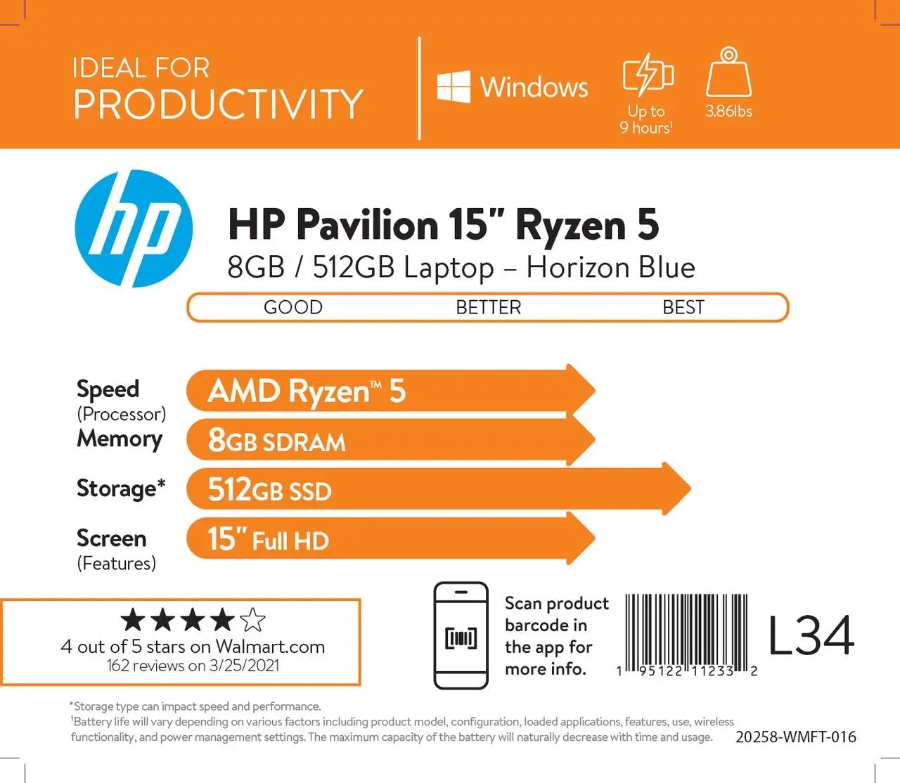 Pavilion 15.6" ,  Ryzen 7-5700U, 8GB , 512GB , Horizon Blue, Windows 11, 15-eh1070wm