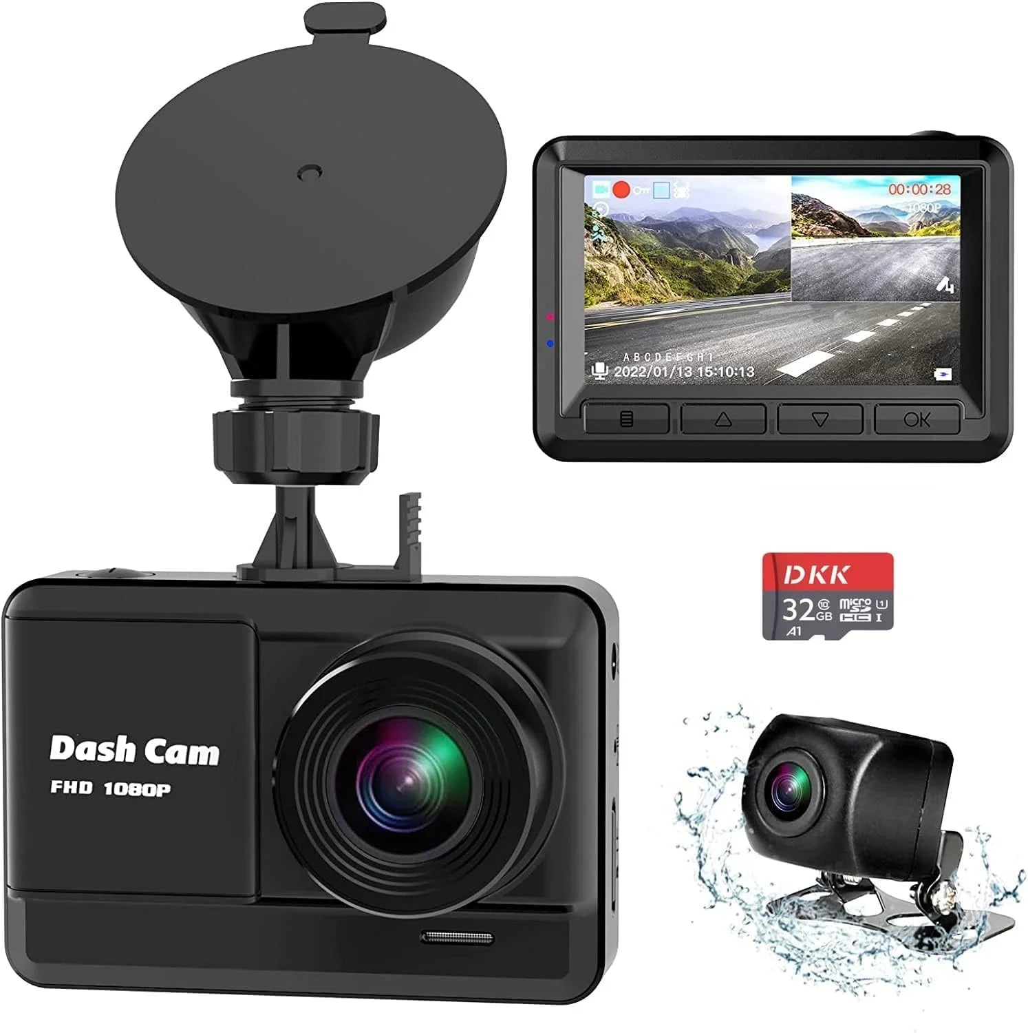 Dash Cam Front and Rear, Mini Dash Cam 1080P Full  with 32GB  Card, 2.45 inch  Screen, 2 Mounting Ways, Night Vision, , Accident Lock, Loop Recording, Parking Monitor Car,Motorcyle,Balls