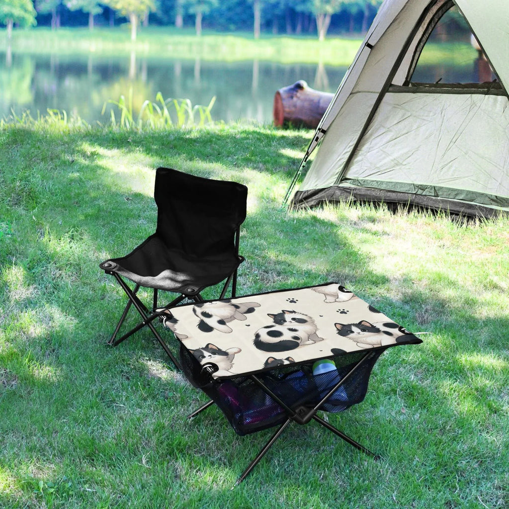 Cute Cat Footprint Camping Folding Table Portable Beach Table with Storage Bag Compact Picnic Table for Outdoor Travel Fishing
