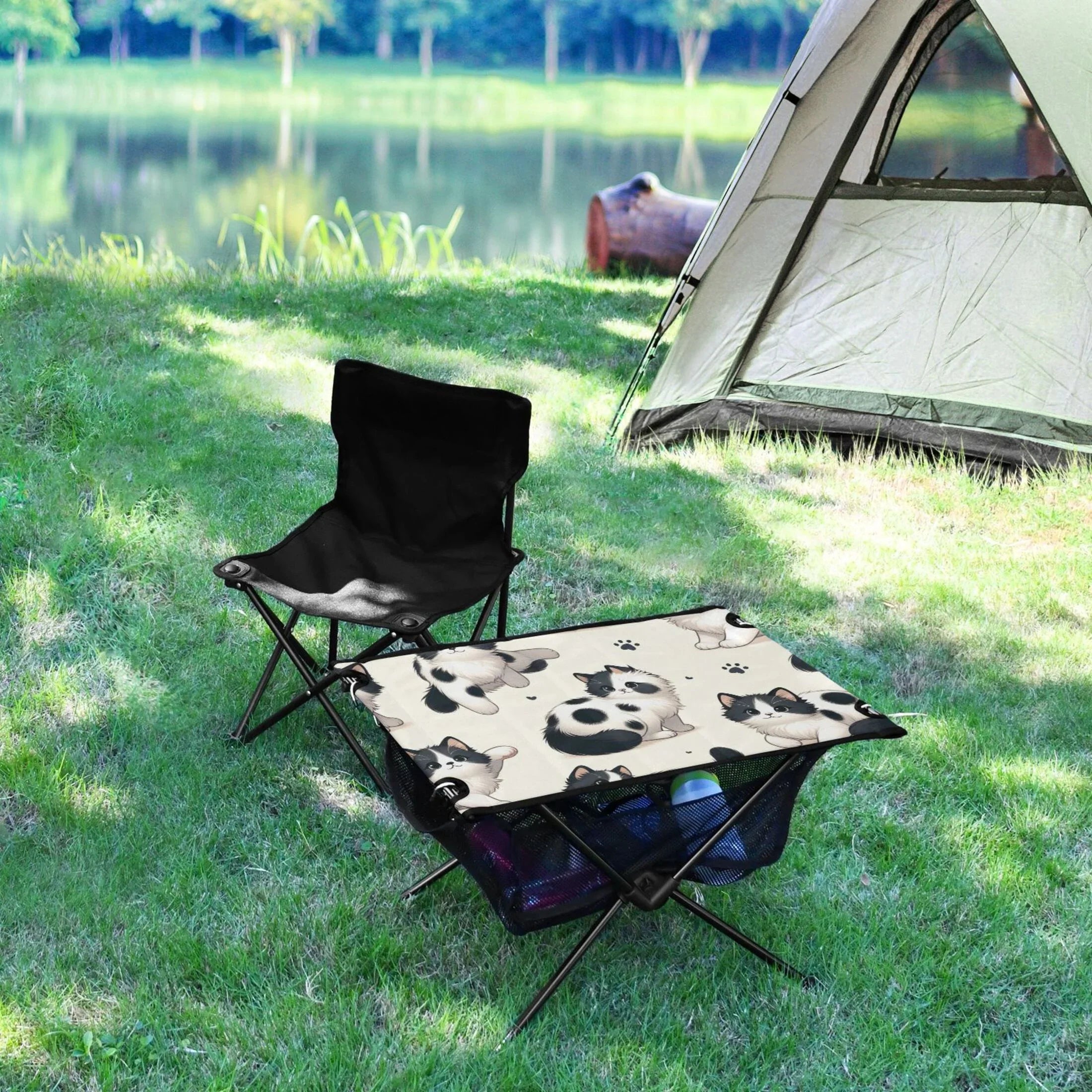 Cute Cat Footprint Camping Folding Table Portable Beach Table with Storage Bag Compact Picnic Table for Outdoor Travel Fishing