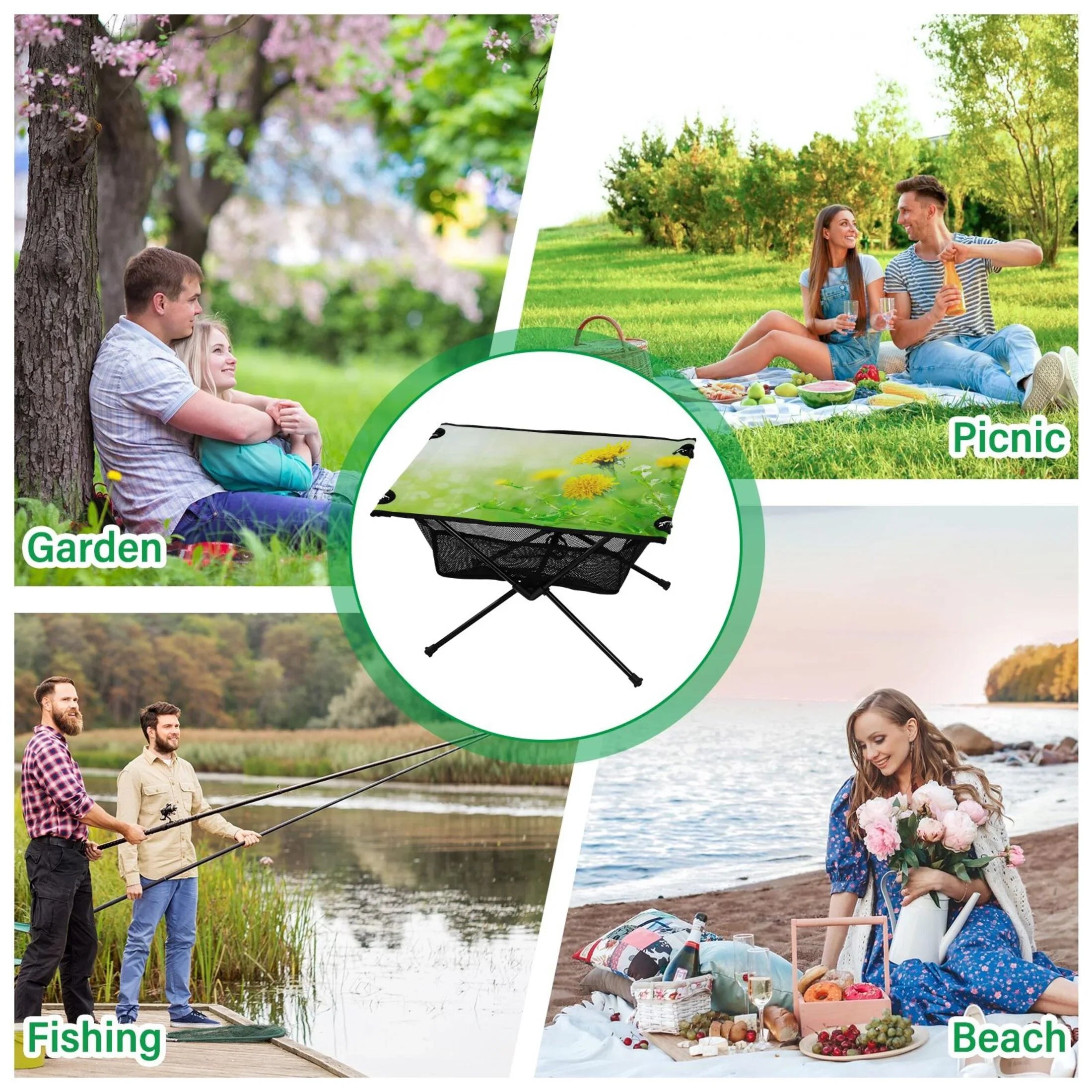 Spring Green Flowers Camping Folding Table Portable Beach Table with Storage Bag Compact Picnic Table for Outdoor Travel Fishing