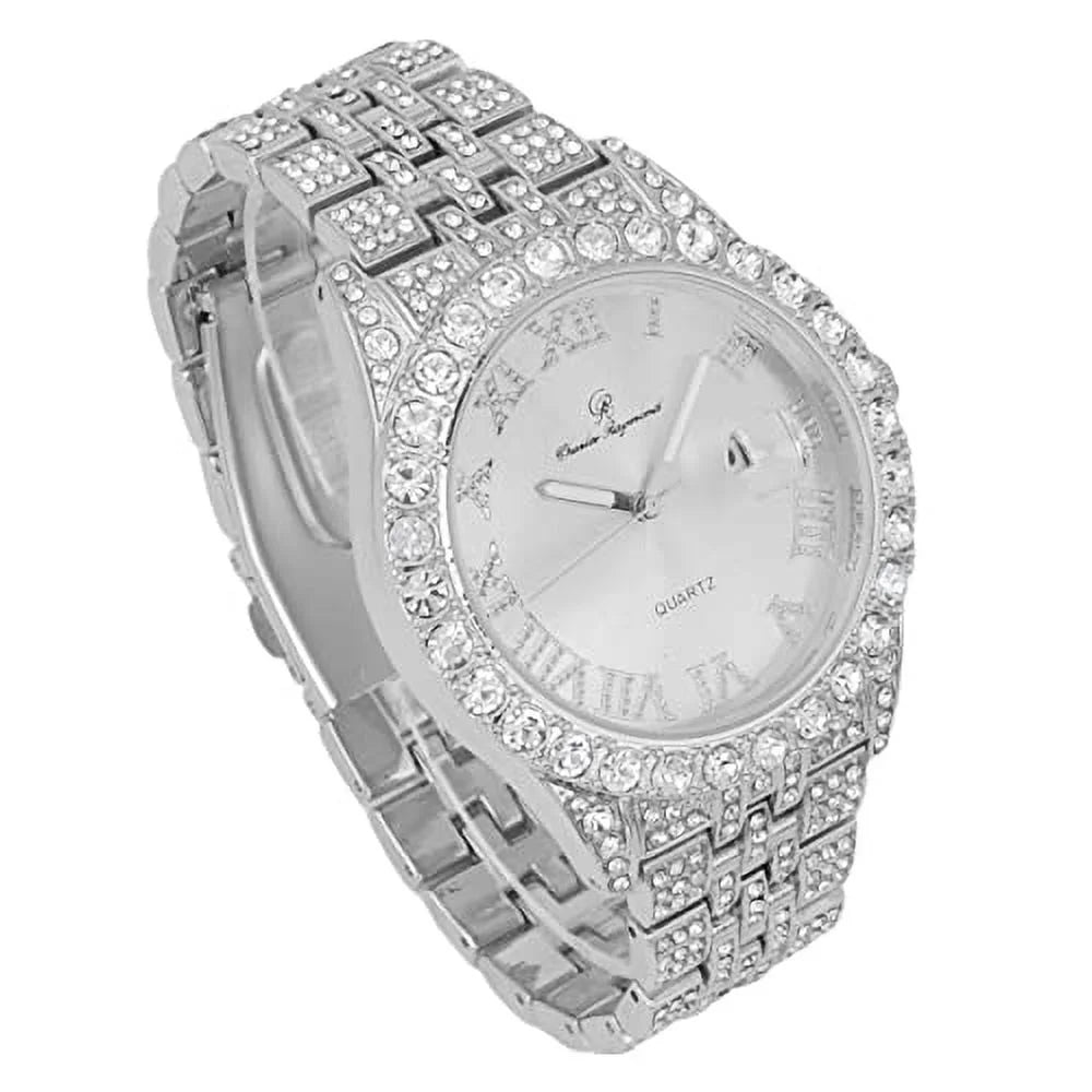 Charles Raymond Big Rocks w/Roman Numerals Fully Iced Out Mens Watch w/Easy Read Date and Colorful Dials- Designer Hip Hop Blinged Out Timepiece - ST0226RND Cuban Silver Silver