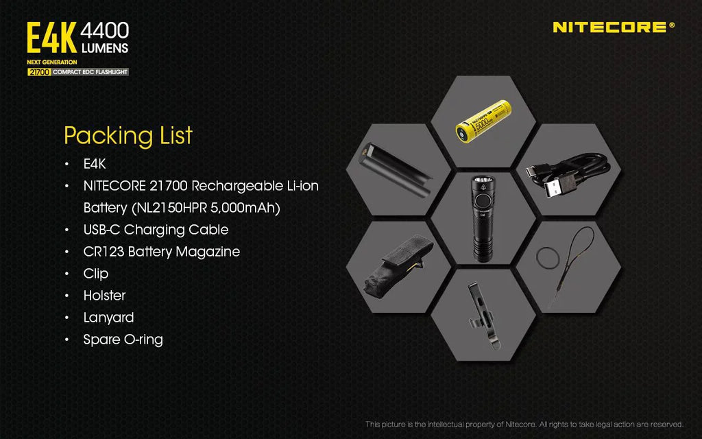 Combo:  E4K Flashlight -1x  21700 Rechargeable Li-ion Battery Included w/Offset Mount