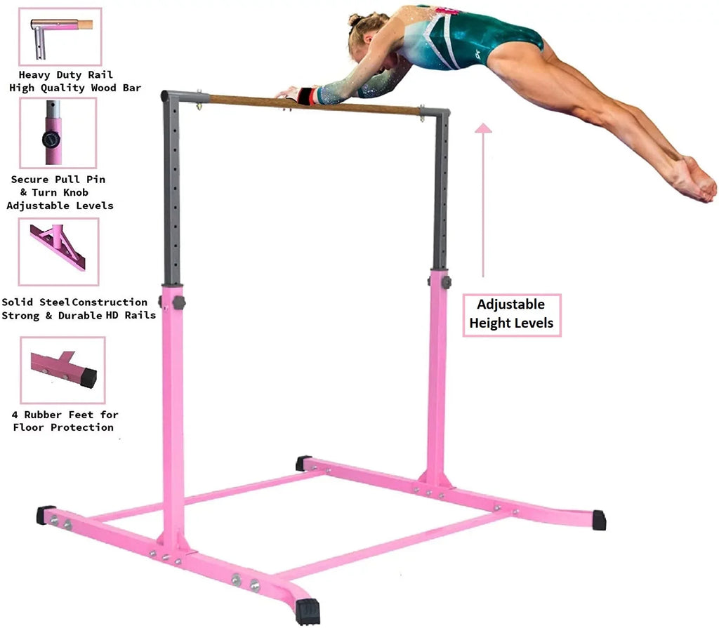 Pro-Gymnastics Expandable Gymnastics Kip Bar Horizontal Bar Junior Gymnastic Training High Bar Asymmetric Bar 13 Level Height Adjustable 3 to 5  Cushioned Bar & Curved Legs (Pink)