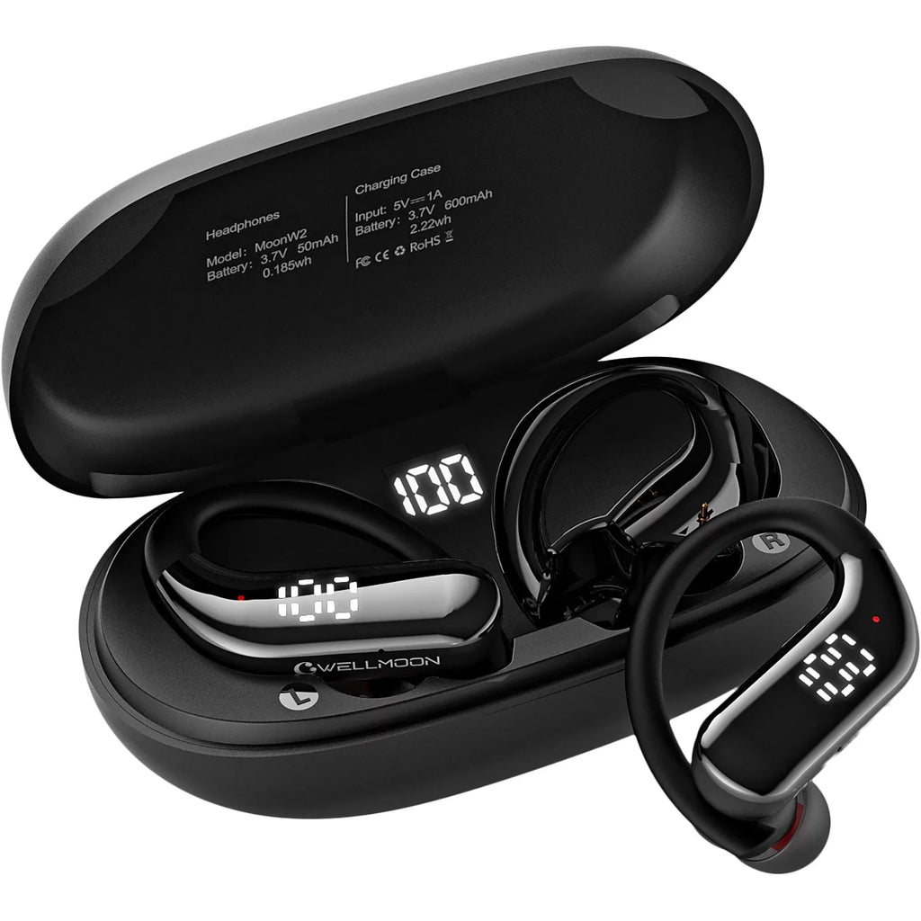 Bluetooth 5.3 Headphones Wireless Earbuds 100hrs Playtime Wireless Charging Case Digital Display Sports Ear buds with Earhook Premium Deep Bass Waterproof Over-Ear Earphones for  Phone Laptop Black