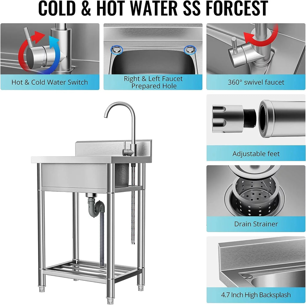 Utility Sink Stainless Steel Free Standing Single Bowl with Cold and Hot Water Pipe - Ideal for Laundry Room, Bathroom, and Farmhouse