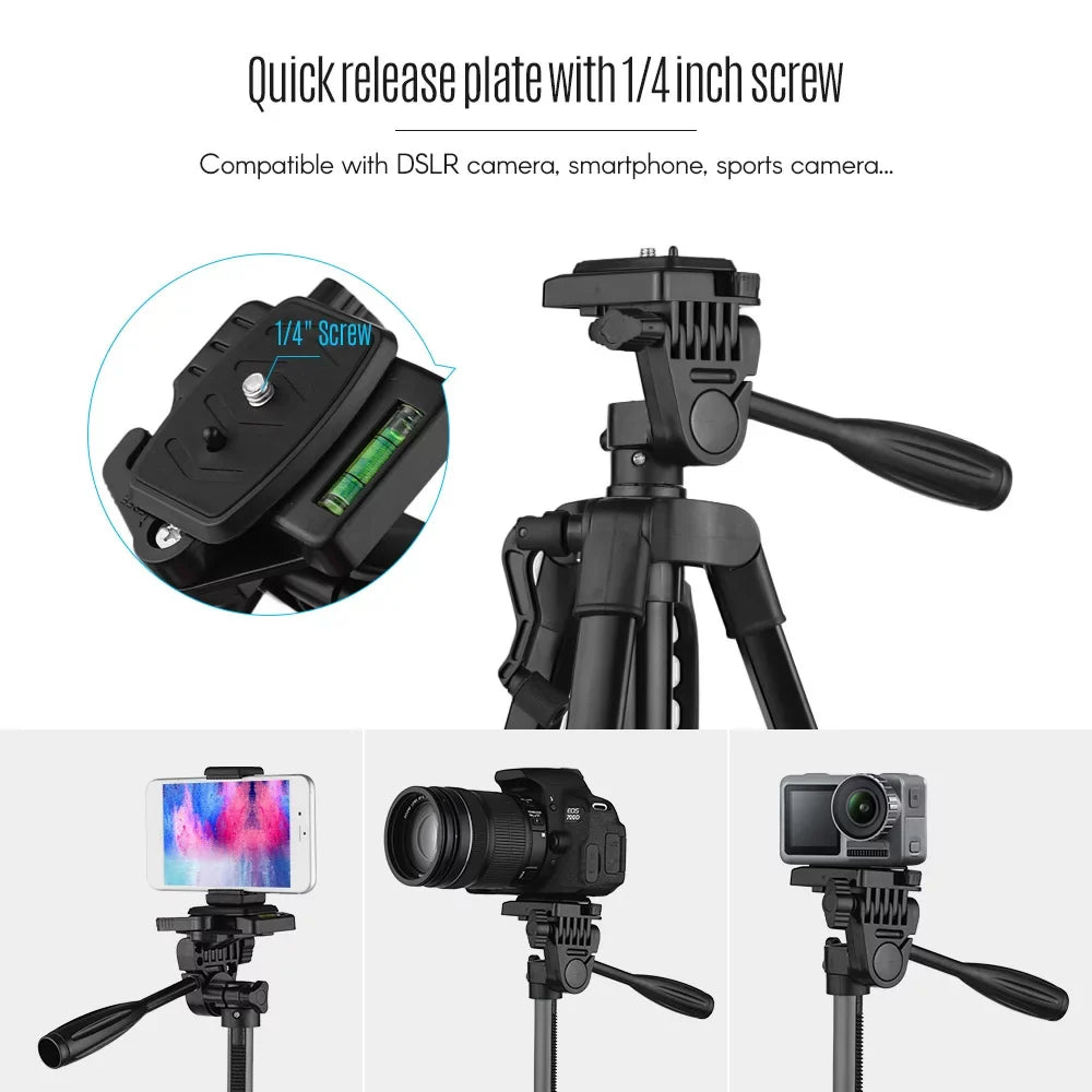 Andoer Lightweight Photography Tripod Stand Aluminum Alloy 3kg Load Capacity Max. Height 135cm/53in with Carry Bag Phone Holder for  Camera Smartphone