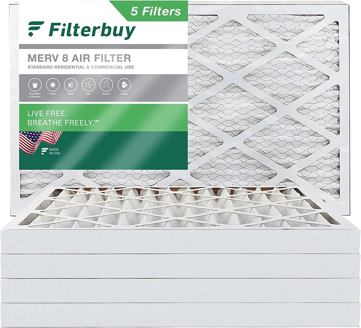 Filterbuy 12x25x2  8 Pleated   Furnace Air Filters (5-Pack)