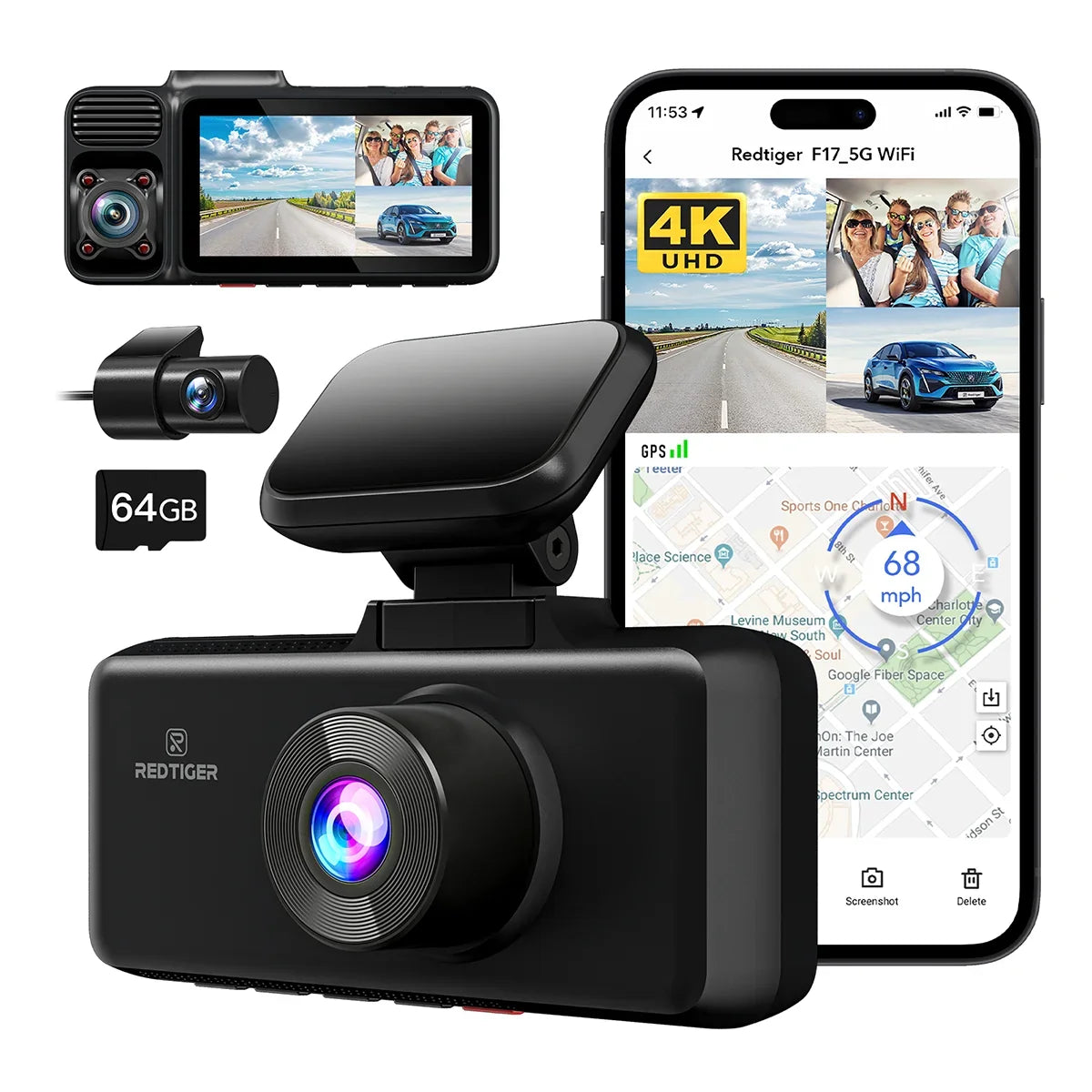Dash Cam 3 Channel, DashCam Front and Rear with 5G WiFi , Dash Camera Three Way with 3 inch  Screen Free 64GB Card, Triple Car Camera with  Night Vision, Vehicle
