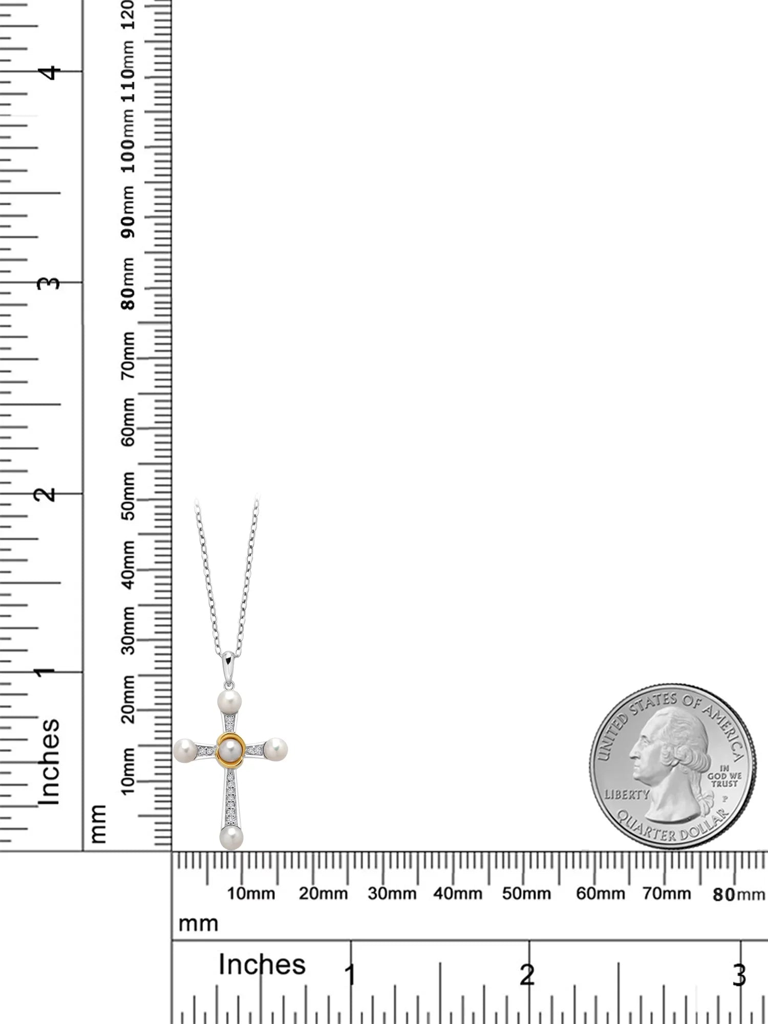 Gem Stone King 925 Silver and 10K Yellow Gold Cultured Freshwater Pearl and Lab Grown Diamond Cross Pendant Necklace for Women (0.10 Cttw, Round 4-4.5MM Pearls, 18 inch Chain)