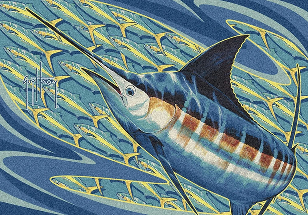 Milliken Blue Nautical Fish Waves Area Rug Blue Runner - Aprx 3' 10" x 5' 4"