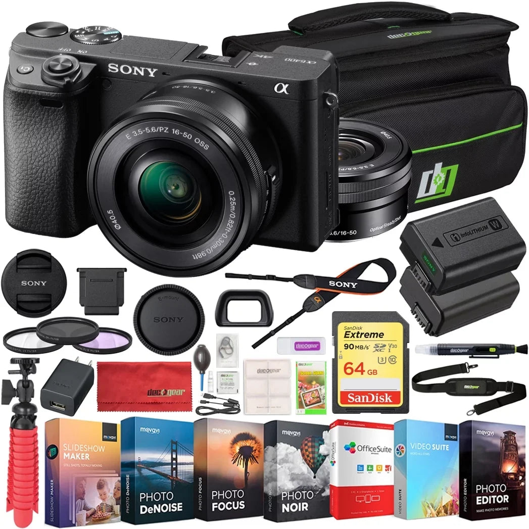 Sony -6400L a6400 Mirrorless -C Interchangeable-Lens Camera with 16-50mm Lens Bundle with 64GB Memory Card, Photo and Video Editing Suite, Camera Bag, 40.5mm Filter Kit and Camera Battery
