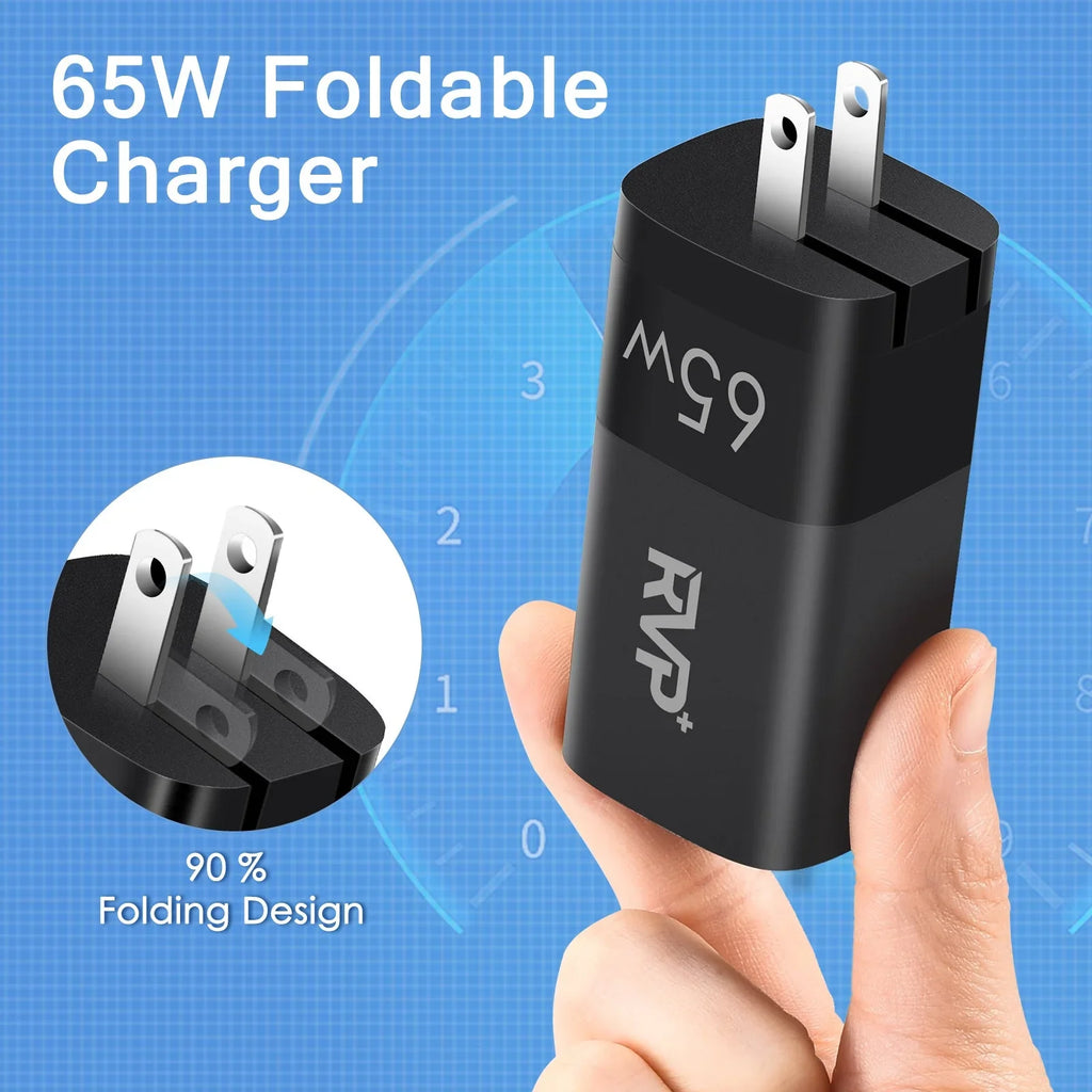 '+ 65W  C and  A Charger, (GaN) Tech Power Adapter, 3-Port Wall Charger, Foldable Fast Charger for iPhone, Smartphones, Tablets, Laptops - Black